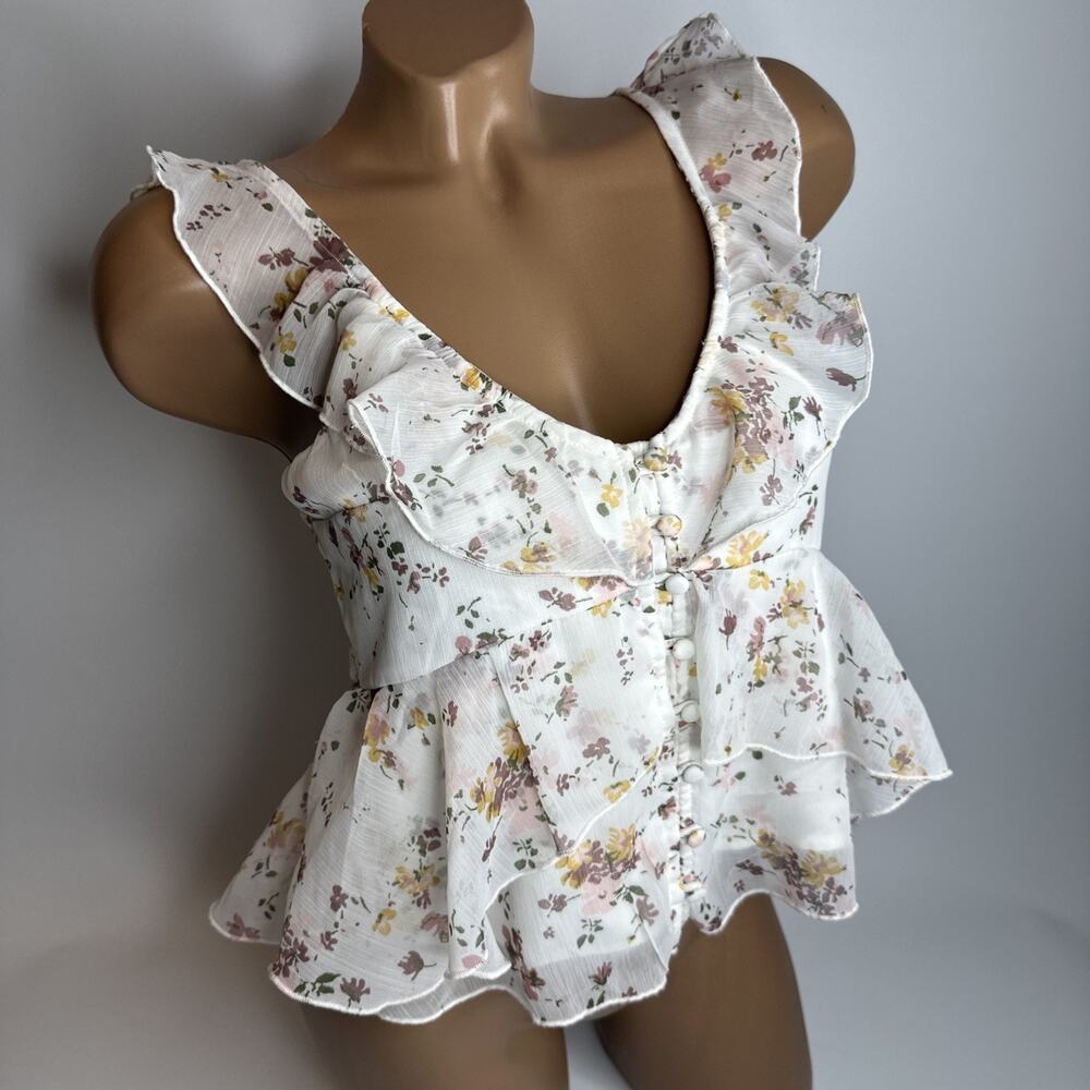 Abercrombie & Fitch XS White Floral Chiffon Ruffle Button Front Peplum Top Y2K